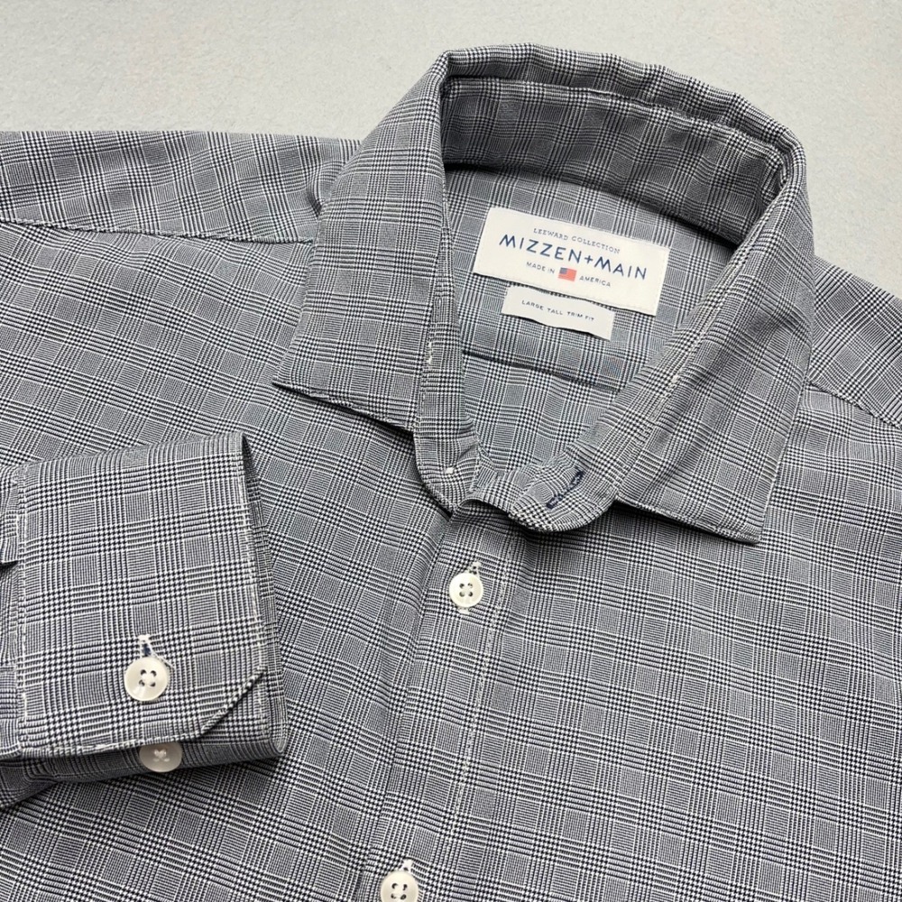 Mizzen+Main Leeward Dress Shirt Large Tall‎ Trim Fit Glen Plaid Navy White USA